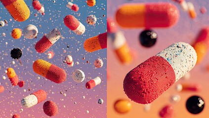 Macro view of pill-like capsules and spheres suspended in air