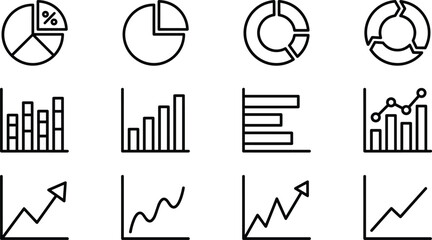 Minimal analytics charts and business statistics outline icon set for data analysis reporting dashboard user interface web app vector