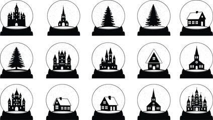 Set of black snow globe silhouettes, Christmas crystal ball icons, winter glass sphere collection, holiday souvenir symbols, magic toy elements, flat vector illustration © Sahidul