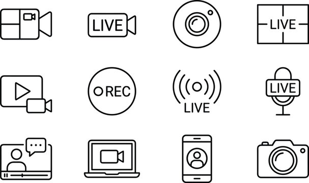 Live streaming and video recording outline icon set featuring camera, broadcast, microphone, online video, and social media symbols