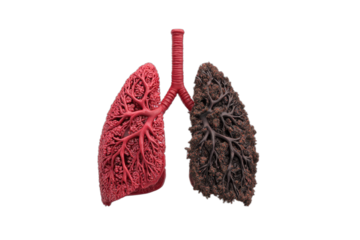 Healthy and diseased lungs, one red and pink, the other dark and diseased