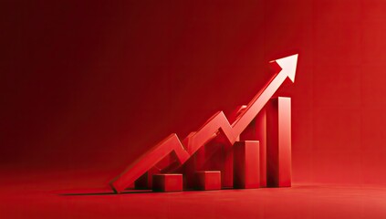 Red 3D bar graph and arrow showing upward trend against a solid red background