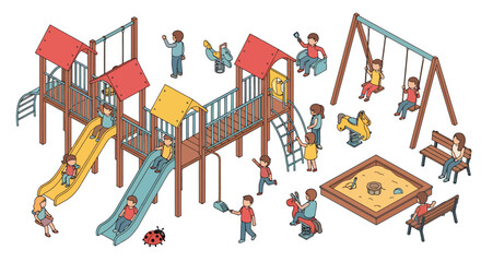 An illustrated vector graphic depicts a colorful children's playground with slides, swings, sandbox, and various play elements, perfect for educational and recreational designs.