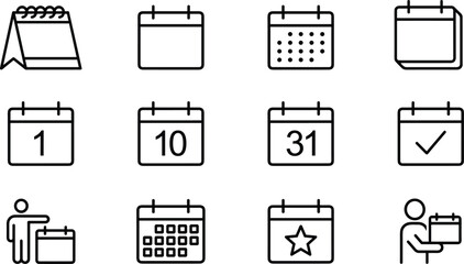 Minimal calendar date and scheduling outline icon set for event planning reminder time management user interface web app vector