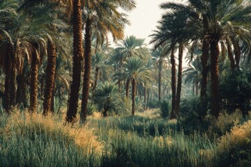 Lush green palm trees and tall grasses create a dense, verdant forest scene