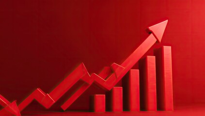 A red 3D bar graph with an upward trending red arrow indicating growth