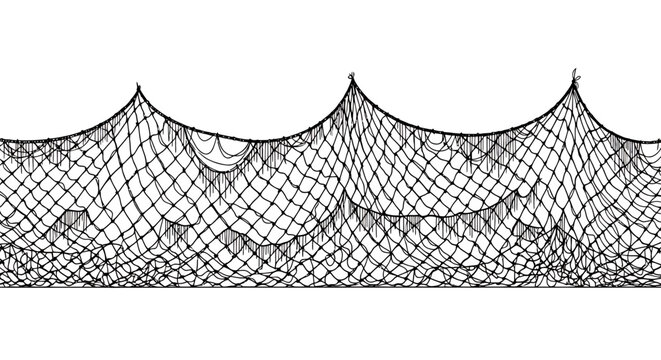 A detailed vector illustration of a fishing net, rendered in black and white, against a clean white backdrop, showcasing texture and design for various applications.