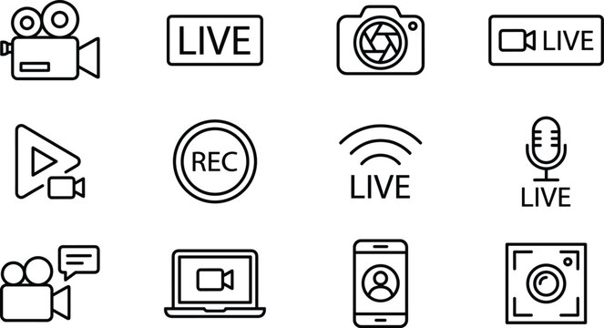 Live streaming and video recording icons set, camera broadcast symbols, online media production, streaming technology, video content creation tools