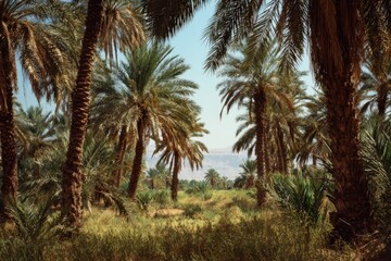 Lush palm grove under a clear blue sky, with distant mountains on the horizon
