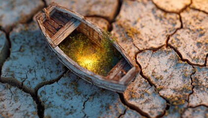 Small wooden boat filled with glowing moss on cracked dry earth