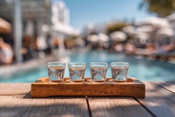 Four clear shots of clear liquid in small glasses on a wooden tray by a pool
