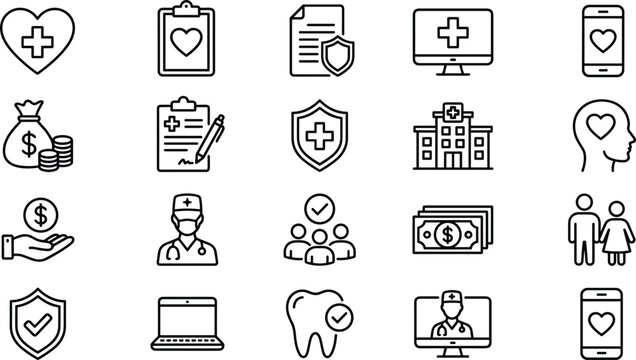 Minimal healthcare medical and insurance outline icon set for hospital patient care finance user interface web app vector