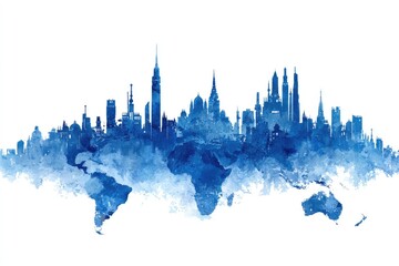 Blue watercolor skyline silhouette on a world map background