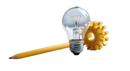 A light bulb, gear, and pencil against a black background