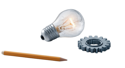 Illuminated bulb, gear, and pencil symbolize creativity, engineering, and innovation