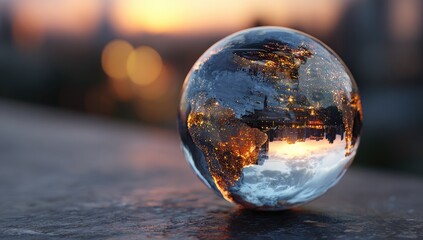 Glass sphere reflects a glowing cityscape at sunset