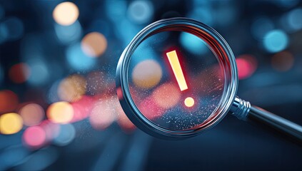 Magnifying glass focuses on a glowing red exclamation mark against blurred lights
