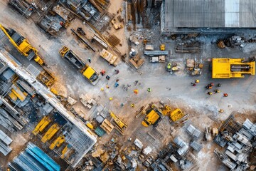 Aerial view of a busy construction site with machinery and workers