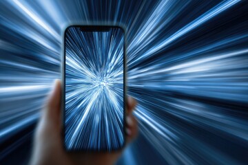 Hand holding a smartphone with a bright, streaking blue digital display