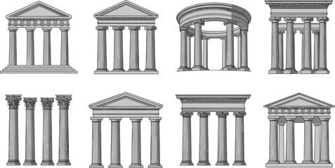 Naklejka premium Set of ancient Greek and Roman architectural columns and temple facades hand drawn vector illustration isolated on white background for classic design.