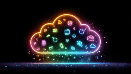 Glowing cloud with colorful icons, representing digital services and data storage