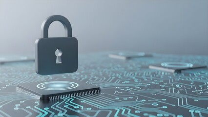 Lock Over Circuit Pattern. Matte padlock icon floating above a subtle abstract circuit-board plane.