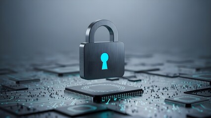 Lock Over Circuit Pattern. Matte padlock icon floating above a subtle abstract circuit-board plane.