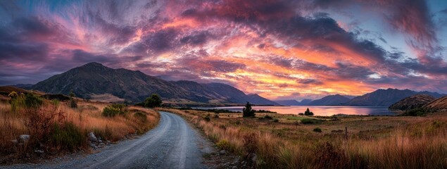 Dramatic sunset over a serene lake and rolling hills with a winding road