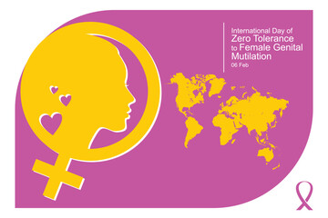 Vector illustration for International Day of Zero Tolerance to Female Genital Mutilation, featuring feminine symbol, woman silhouette, and world map in flat design.