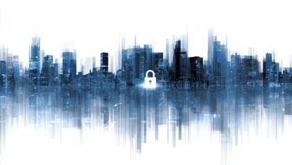 Abstract cityscape with glowing padlock symbol, digital data effect