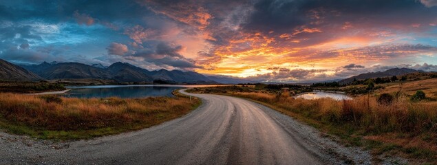 Winding gravel road leads through golden grass to mountain lake at sunset
