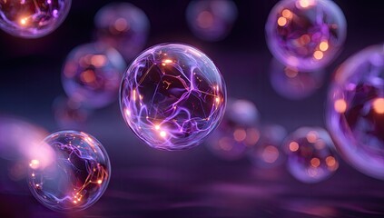 Glowing orbs with energetic purple currents and light specks float in darkness