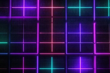 Vibrant neon grids overlaying digital data streams, creating a futuristic aesthetic