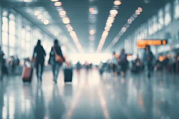Blurred, illuminated interior hallway with distant figures carrying luggage