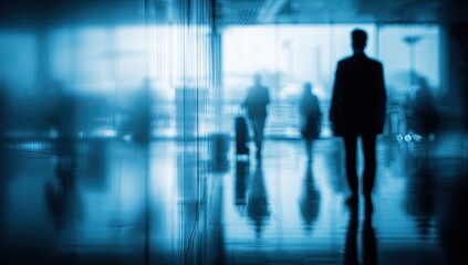Silhouetted figures move through a bright, blue-toned transit hall