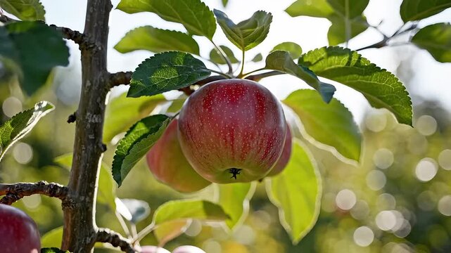Ripe Red Apples Hanging on a Tree Branch in an Orchard on a Sunny Day.
