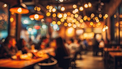 Warm, bokeh-filled interior of a bustling eatery at night