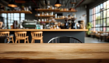 Warm, inviting cafe interior with empty wooden table in foreground