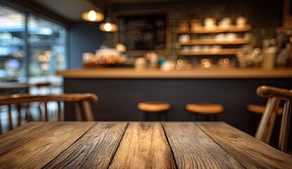 Rustic wooden table in a cozy, dimly lit cafe, blurred background