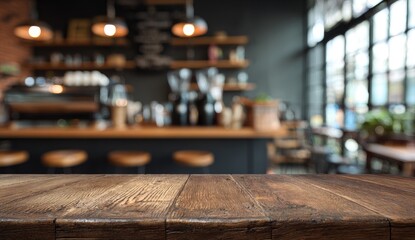 Rustic wooden table in the foreground, blurred cafe interior background
