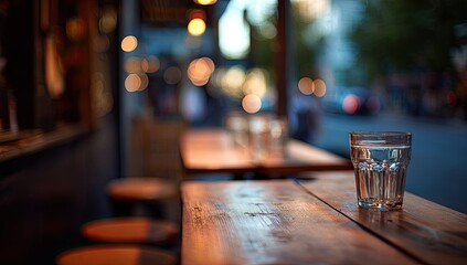 A single glass of water sits on a wooden table in a dimly lit cafe