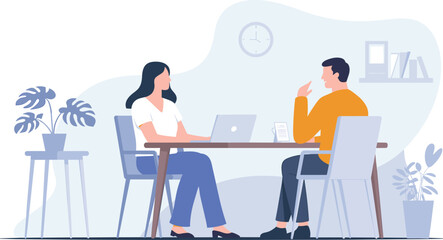 Office interview or business meeting between two professionals with laptop, paper, plants, and clock &ndash; workplace communication vector illustration