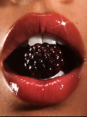 close up on shiny lips with a berry placed in between teeth © Elena Kulikova