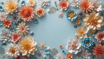 立体的なペーパーフラワーが彩る水色背景のクラフト装飾イメージ.生成AI