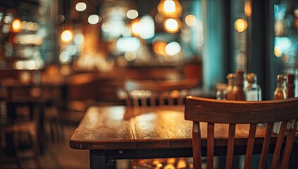 Cozy, dimly lit restaurant interior with empty wooden tables and chairs