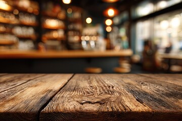 Rustic wooden tabletop in foreground, cozy bar interior with blurred lights in background