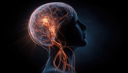 Illuminated neural pathways within a translucent human head silhouette