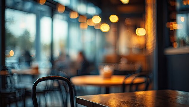 Warm, softly lit cafe interior with blurred tables, chairs, and ambient lighting