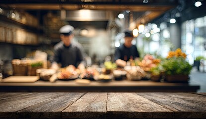 Warm, out-of-focus restaurant kitchen scene with chefs preparing food
