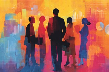 Vibrant abstract silhouettes of business professionals against a colorful, data-filled backdrop